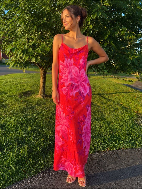 FARM Rio Dresses & Skirts - FARM Rio Red Maxi Slip Dress with Pink Floral Print